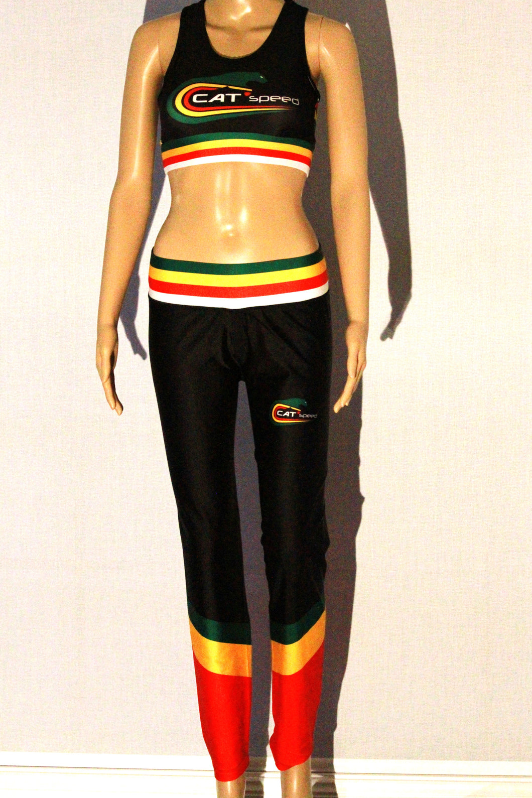 Catspeed Style Women Leggings + Sports Bra Set Black+Green+Red+White Stripes Apparel
