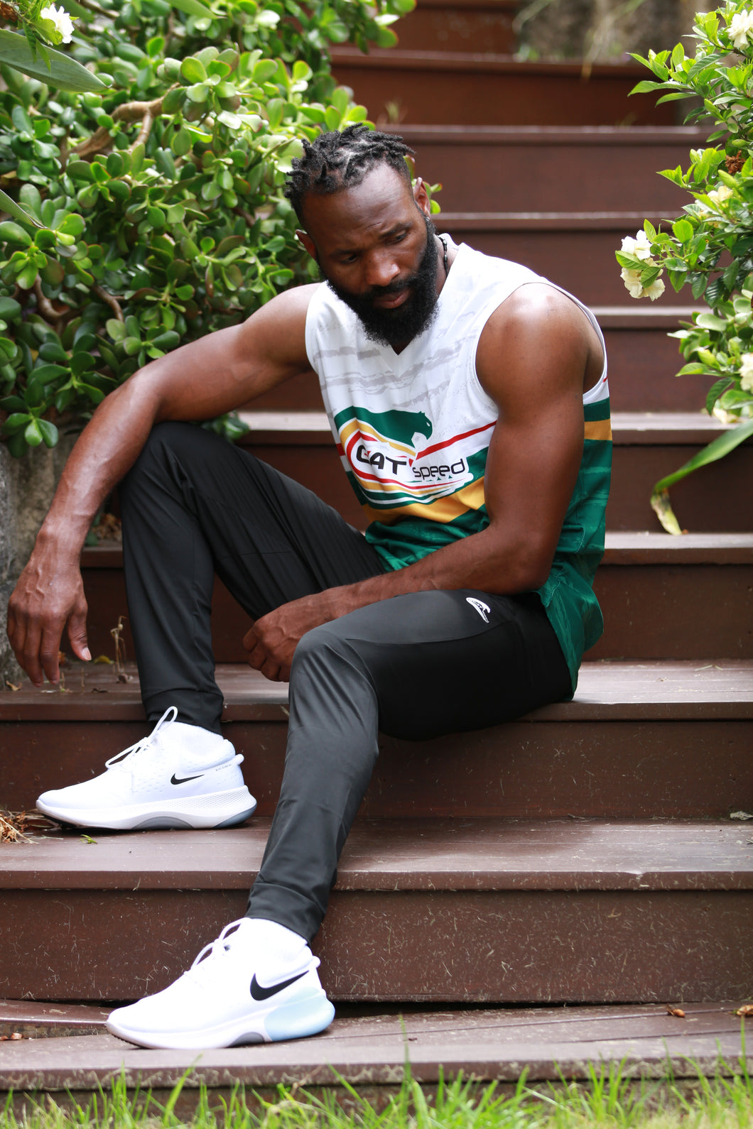 Catspeed Style Men White-Green Muscle Singlet Sportswear